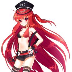  1girl alternate_costume bikini_top braid chain elesis elsword expressionless gloves half_updo haruya_(lajoon) hat long_hair midriff navel red_eyes redhead shorts solo standing striped striped_legwear suspenders thigh-highs white_background 