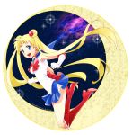  1girl bishoujo_senshi_sailor_moon blonde_hair blue_eyes blue_skirt boots crescent_moon double_bun full_body g high_heels highres jumping knee_boots moon red_boots sailor_moon skirt solo tsukino_usagi twintails 