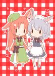  2girls :&gt; animal_ears apron bangs blue_eyes braid bunny_girl bunny_tail chibi chinese_clothes chitose_(usacan) green_clothes green_hat hair_ribbon holding_hands hong_meiling izayoi_sakuya kemonomimi_mode maid maid_apron maid_headdress multiple_girls parted_bangs puffy_short_sleeves puffy_sleeves rabbit_ears redhead ribbon shirt short_sleeves side_slit silver_hair sketch smile tail tangzhuang touhou tress_ribbon twin_braids white_shirt |_| 
