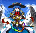  adapted_costume armor blue_hair blue_sky bow clouds crossed_arms floating_rocks food fruit gauntlets hat hinanawi_tenshi hotori_(sion) looking_at_viewer peach red_eyes shirt skirt sky smile sword touhou weapon 