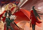  3boys armor beard black_hair book cape dual_persona facial_hair fate/zero fate_(series) green_eyes green_hair jacket long_coat long_hair lord_el-melloi_ii multiple_boys red_eyes red_jacket redhead rider_(fate/zero) suitcase sword waver_velvet weapon wirttian 