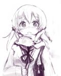  1girl alternate_costume bag blush handbag highres izuoku kantai_collection long_hair long_sleeves looking_at_viewer open_mouth prinz_eugen_(kantai_collection) purple ribbon school_uniform serafuku simple_background sketch sleeves_past_wrists solo sweater twintails white_background winter_clothes 