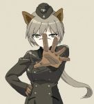 1girl animal_ears brown_background brown_gloves coat garrison_cap gloves green_eyes hand_on_hip hanna_rudel hat light_brown_hair long_hair long_sleeves military military_uniform nose_scar outstretched_arm ponytail scar shiratama_(hockey) simple_background solo strike_witches uniform wolf_ears 