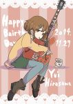  1girl brown_eyes brown_hair guitar happy_birthday highres hirasawa_yui instrument k-on! mouth_hold pantyhose pocky short_hair shorts yuuho 