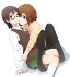  2girls brown_eyes brown_hair glasses highres hirasawa_yui k-on! kagiana manabe_nodoka multiple_girls one_eye_closed pantyhose short_hair yuri 