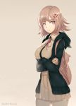  1girl artist_name backpack bag breasts cowboy_shot crossed_arms dangan_ronpa hair_ornament hews_hack hoodie looking_at_viewer nanami_chiaki pink_eyes pink_hair short_hair skirt solo super_dangan_ronpa_2 