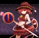  1girl adapted_costume arano_oki chain hat kawashiro_mitori lock moon navel red_eyes red_moon sign sleeveless solo touhou witch_hat 