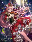  1girl bow_(instrument) capelet castle green_eyes headdress highres instrument jewelry leaf legend_of_the_cryptids long_hair long_sleeves night pink_hair skirt smile solo tob veil violin 