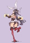  1girl animal_ears bare_shoulders black_gloves cup elbow_gloves from_behind gloves kantai_collection leg_up long_hair mug nagato_(kantai_collection) purple_background rabbit_ears red_legwear sketch solo standing_on_one_leg thomasz very_long_hair wardrobe_malfunction 