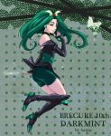  1girl absurdres artist_name ass bike_shorts black_boots black_gloves boots butterfly character_name choker copyright_name dark_cure_(yes!_precure_5) dark_mint earrings elbow_gloves fingerless_gloves gloves green_eyes green_hair hamu_(bcb75332) highres jewelry knee_boots long_hair magical_girl precure shorts_under_skirt smile solo yes!_precure_5 