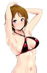  1girl alp armpits arms_up blush breasts brown_hair bust koizumi_hanayo looking_at_viewer love_live!_school_idol_project navel o-ring_bikini o-ring_top short_hair simple_background solo violet_eyes white_background 