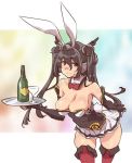  1girl adapted_costume alternate_hairstyle animal_ears bare_shoulders black_hair boots breasts cleavage cowboy_shot cup detached_collar elbow_gloves gloves kantai_collection leaning_forward nagato_(kantai_collection) rabbit_ears red_eyes red_legwear skirt solo sweatdrop thigh-highs thigh_boots thomasz twintails wine_bottle wine_glass 