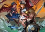  3girls :d airplane blue_eyes bow_(weapon) brown_eyes brown_hair character_request holding jeanex kantai_collection long_hair looking_at_viewer machinery mecha_musume multiple_girls open_mouth original personification redhead short_hair smile turret weapon wind 