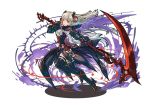  1girl black_dress dress hair_ornament long_hair looking_at_viewer official_art puzzle_&amp;_dragons red_eyes scythe solo thorns valkyrie valkyrie_(p&amp;d) vines white_hair wings 