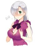  1girl between_breasts blue_eyes blush breasts cleavage earrings elizabeth_liones hair_over_one_eye jewelry long_hair nanatsu_no_taizai pocky silver_hair solo udk 