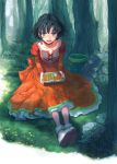  1girl choker chourui_keiko collarbone dress farah_oersted forest green_hair highres lunchbox nature orange_dress short_hair sitting solo tales_of_(series) tales_of_eternia vines violet_eyes 