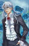  1boy artist_name bishoujo_senshi_sailor_moon bishoujo_senshi_sailor_moon_crystal blue_background blue_eyes blue_rose bow bowtie ear_studs earrings feroz floral_background flower formal frilled_sleeves frills jewelry kunzite_(sailor_moon) long_sleeves male mask red_rose rose silver_hair smile solo suit tuxedo white_bow 
