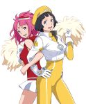  beret black_eyes black_hair bodysuit gloves gundam gundam_g_no_reconguista hat kei-co locked_arms manny_ambassada noredo_nug pink_hair pom_poms red_eyes skirt 