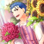  1boy apron blue_hair bouquet fate/hollow_ataraxia fate_(series) flower lancer long_hair mspn ponytail red_eyes solo sunflower 