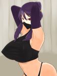  1girl armpits arms_up breasts elbow_gloves gloves highres huge_breasts long_hair looking_at_viewer mask navel ninja purple_hair red_eyes senran_kagura senran_kagura_(series) solo souren suzune_(senran_kagura) tied_hair twintails 