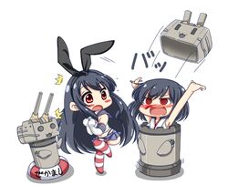  /\/\/\ 2girls :o @_@ arms_up black_hair blood blush blush_stickers elbow_gloves fusou_(kantai_collection) gloves hairband kantai_collection kuon_(nokokopopo) leg_up long_hair multiple_girls nosebleed red_eyes rensouhou-chan shimakaze_(kantai_collection) shimakaze_(kantai_collection)_(cosplay) simple_background skirt standing_on_one_leg surprised very_long_hair white_background yamashiro_(kantai_collection) 