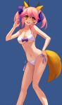  1girl animal_ears bikini blue_background breasts caster_(fate/extra) cleavage collarbone fate/extra fate_(series) fox_ears fox_tail hair_ornament hair_ribbon hand_on_hip large_breasts long_hair looking_at_viewer navel open_mouth pink_hair ribbon simple_background solo swimsuit tail twintails yellow_eyes 