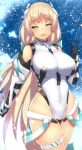  1girl angela_balzac aqua_eyes blonde_hair bodysuit breasts covered_navel cowboy_shot elbow_gloves expelled_from_paradise gloves half-closed_eyes headgear highres large_breasts leotard long_hair low_twintails solo souma_(ordures) thigh_strap twintails very_long_hair 