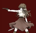  1girl aiming breasts dual_wielding gun kneehighs long_hair malon monochrome ocarina_of_time pointy_ears red_background revolver skirt solo sword the_legend_of_zelda time_paradox weapon yoya_torisan 