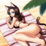  1girl :p animal_ears barefoot bikini cat_ears cat_tail cellphone feet legs lowres lying on_side orange_(crupip) original phone smartphone smile solo swimsuit tail toes tongue tongue_out towel 