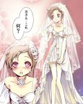  1boy blush brown_hair code_geass crossdressinging dress earrings elbow_gloves gloves jewelry lowres open_mouth rolo_lamperouge short_hair solo thighhighs trap veil violet_eyes wedding_dress white_gloves white_legwear white_swimsuit 