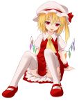  1girl ascot blonde_hair flandre_scarlet hat highres long_hair mary_janes miyo_(ranthath) red_eyes shoes side_ponytail sitting skirt skirt_set smile solo thigh-highs tongue tongue_out touhou white_background white_legwear wings wrist_cuffs 