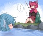  ... 2girls blue_hair blush bow cape clothes_removed commentary_request fishing_line fishing_rod hair_bow hammer_(sunset_beach) head_fins japanese_clothes kimono long_sleeves mermaid monster_girl multiple_girls open_mouth redhead sekibanki short_hair sitting tears touhou tree_stump wakasagihime water 
