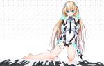  1girl angela_balzac bare_legs blonde_hair blue_eyes blush bodysuit breasts covered_navel elbow_gloves expelled_from_paradise gloves headgear highres kneeling long_hair looking_at_viewer low_twintails solo thigh_strap twintails very_long_hair 