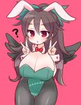  1girl ? animal_ears black_hair black_legwear black_wings blush breasts bunnysuit cleavage double_v large_breasts marshmallow_mille open_mouth ponytail rabbit_ears red_background red_eyes reiuji_utsuho solo touhou v wings 