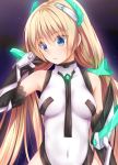  1girl angela_balzac bare_shoulders blonde_hair blue_eyes blush bodysuit breasts elbow_gloves expelled_from_paradise gloves haryuu_(poetto) headgear highres leotard long_hair low_twintails solo twintails very_long_hair 