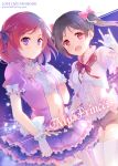 2girls :d \m/ black_hair bow cover cover_page doujin_cover gloves hair_bow hair_ribbon idol looking_at_viewer love_live!_school_idol_project multiple_girls navel nishikino_maki open_mouth ousaka_nozomi red_eyes redhead ribbon short_hair smile twintails white_gloves yazawa_nico 