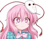  1girl bowtie bust hata_no_kokoro long_hair long_sleeves mask oden_(th-inaba) pink_eyes pink_hair shirt shocked_eyes simple_background solo star stoned touhou white_background 