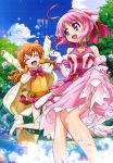  2girls absurdres animal_ears arms_up brown_hair cape clouds dog_days dress dress_lift elbow_gloves feet gloves highres legs long_hair millhiore_f_biscotti multiple_girls nyantype official_art open_mouth pink_hair ricotta_elmar short_hair sky violet_eyes water 