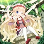  1girl ;d bat_wings blonde_hair blue_eyes copyright_request flute hairband holding instrument lolita_fashion lolita_hairband long_hair looking_at_viewer muku_(muku-coffee) official_art one_eye_closed open_mouth pointy_ears sitting smile solo wings 