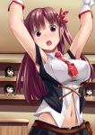  1girl :o akagi_(kantai_collection) armpits arms_up belt blush breasts brown_hair character_doll company_connection crossover duplicate dyda extra fubuki_(kantai_collection) gloves hair_ribbon highres hyuuga_(kantai_collection) kantai_collection large_breasts long_hair looking_at_viewer navel necktie open_mouth puzzle_&amp;_dolls red_eyes redhead ribbon side_ponytail skirt solo twintails vest yuzuriha_(puzzle_&amp;_dolls) 