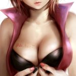    1girl black_bra body_writing bra breasts brown_hair bust cleavage collarbone front-hook_bra head_out_of_frame lips lma lowres meiko pink_nails short_hair solo twitter_username underwear vocaloid 