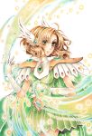  1girl armor blonde_hair colored_pencil_(medium) cowboy_shot elbow_gloves gem gloves green_skirt hair_ornament hairband head_wings hououji_fuu jigoro_(mig60gummy) magic magic_knight_rayearth no_glasses parted_lips pleated_skirt short_hair skirt solo traditional_media white_gloves winged_hairband 