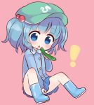  1girl blue_eyes blue_hair cucumber hair_bobbles hair_ornament hat holding kawashiro_nitori looking_at_viewer marshmallow_mille open_mouth short_hair sitting solo touhou two_side_up 