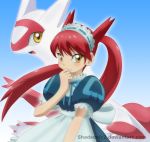  1girl apron bangs blush colored derivative_work dual_persona highres latias looking_at_viewer maid_apron maid_headdress open_mouth payot personification pokemon pokemon_(creature) pokemon_special redhead shadow shadsonic2 shiny shiny_hair twintails watermark yellow_eyes 
