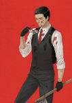 1boy axe black_gloves black_hair blood blood_on_face bloody_clothes glasses gloves hal_(sakurajam) holding holding_glasses joseph_oda necktie solo the_evil_within vest waistcoat weapon 