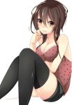  1girl bare_shoulders black_legwear bloodcatblack blush breasts brown_hair cleavage highres long_hair looking_at_viewer original red_string shorts simple_background solo string tears thigh-highs white_background 