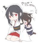  2girls =_= bare_shoulders black_hair blush brown_hair chibi closed_eyes detached_sleeves hair_ornament hairclip kantai_collection long_hair multiple_girls red_eyes shigure_(kantai_collection) skirt translation_request udon_(shiratama) yamashiro_(kantai_collection) 