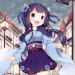  1girl :d blue_eyes bow copyright_request hair_bow hair_ornament hair_ribbon hood japanese_clothes kimono kimono_skirt long_hair low_twintails muku_(muku-coffee) official_art open_mouth pleated_skirt purple_hair rain ribbon skirt smile solo twintails 