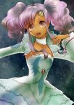  1girl brooch choker dress forehead_jewel frills jewelry meredy misoshiru_utoma payot purple_hair short_hair smile solo tales_of_(series) tales_of_eternia tan twintails violet_eyes white_dress 