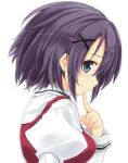  1girl blue_eyes close-up finger_to_face hair_ornament hairclip looking_at_viewer minami_ouka purple_hair school_uniform shibamine_takashi short_hair smile solo tsuki_tsuki! 